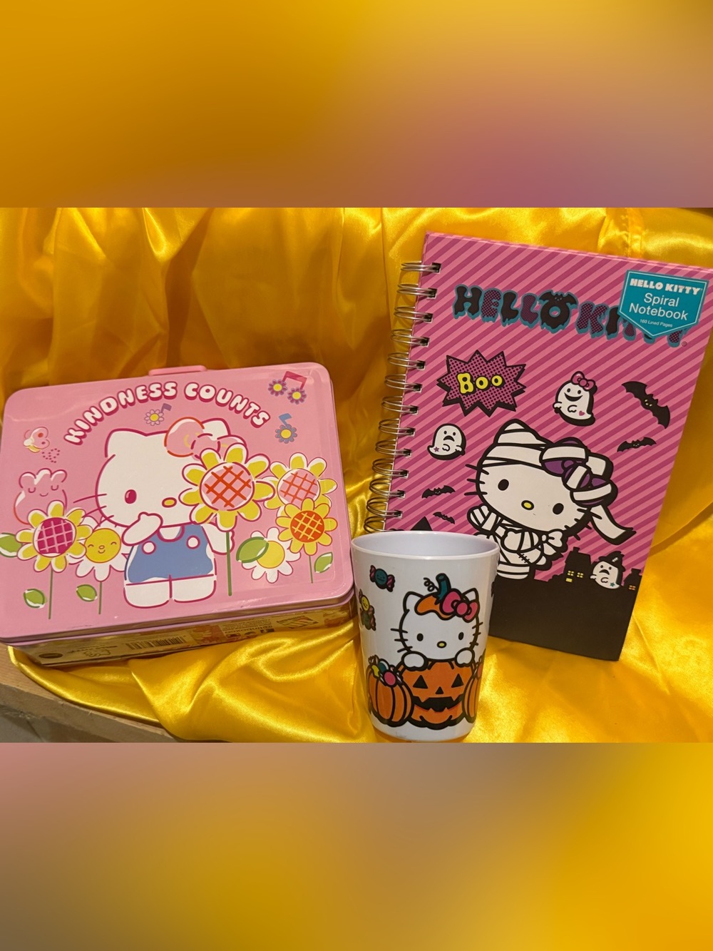 Hello Kitty Pink Spiral Notebook & lunch box with Pink Halloween Cup bundle! NEw